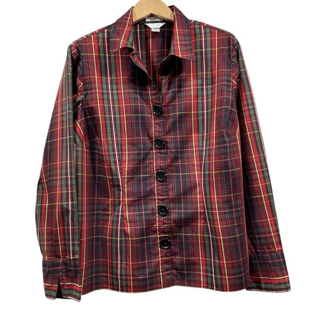 CJ BANKS Womens Plus Size Cotton Blend Button Down Shirt Top Blouse Plaid SZ 1X